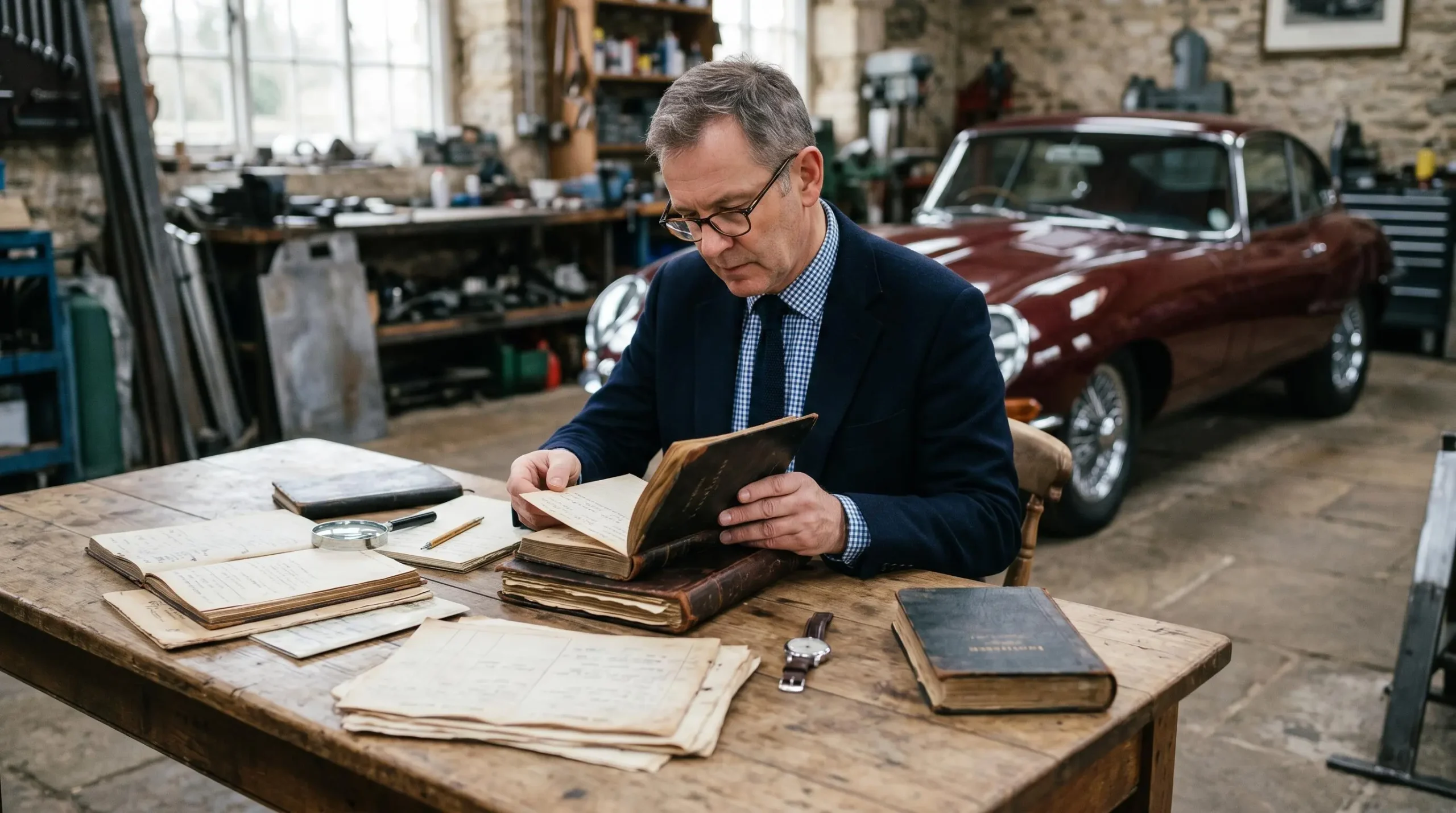 Expert automobile examinant les documents d'un véhicule de collection lors d'une expertise