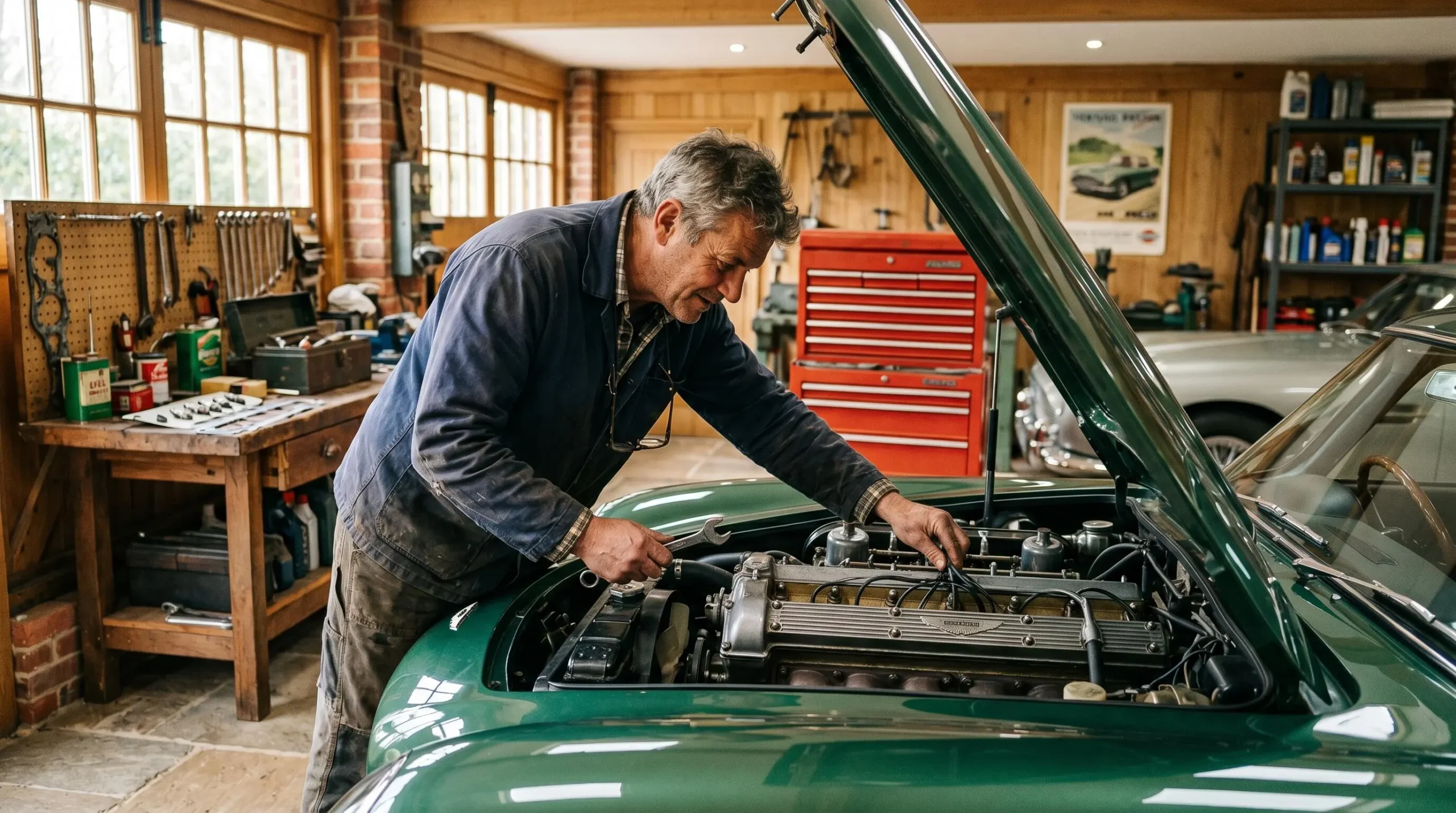 Propriétaire inspectant une voiture de collection ancienne dans un garage spécialisé